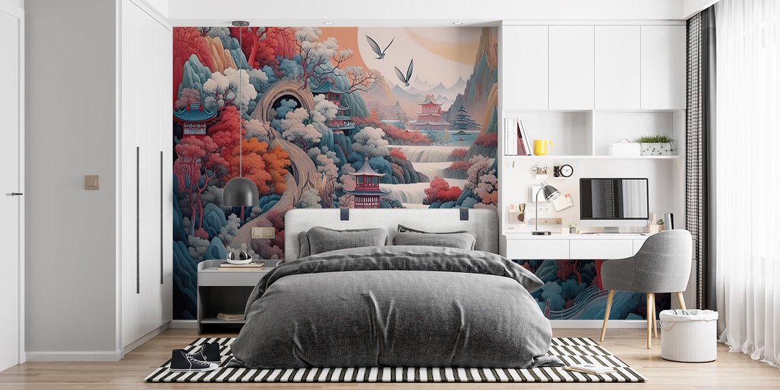 Japanese landscape mural wallpaper with pagodas in modern bedroom interior