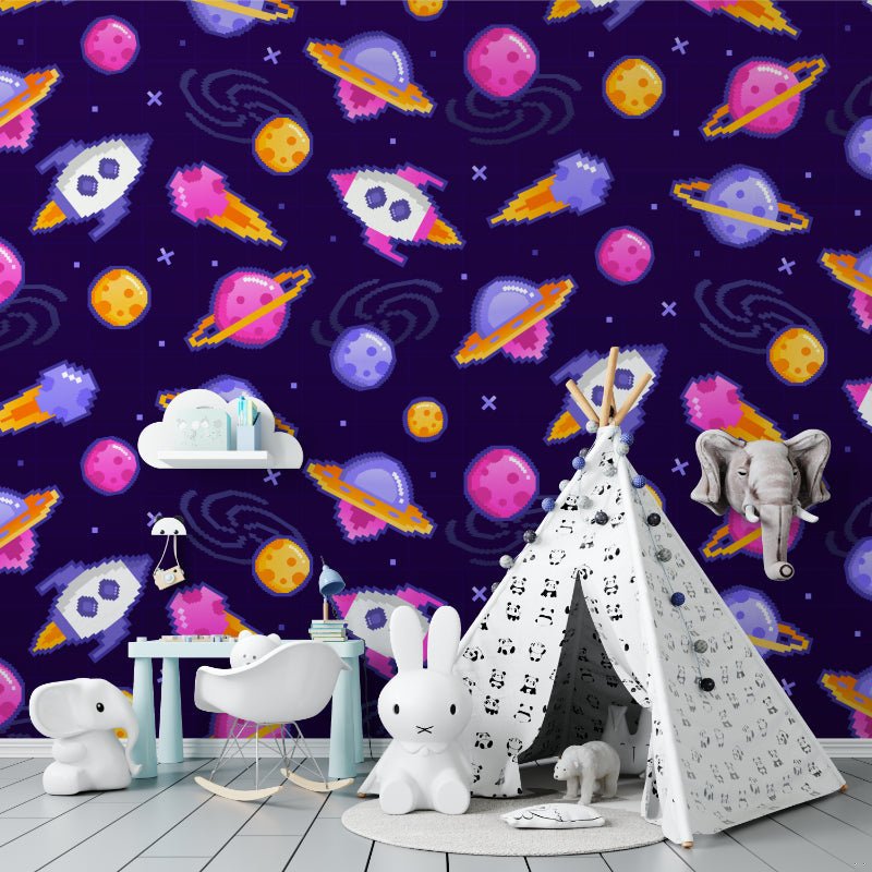 Space Adventure Pixel Art Mural Wallpaper shown in nursery setting with teepee and toys