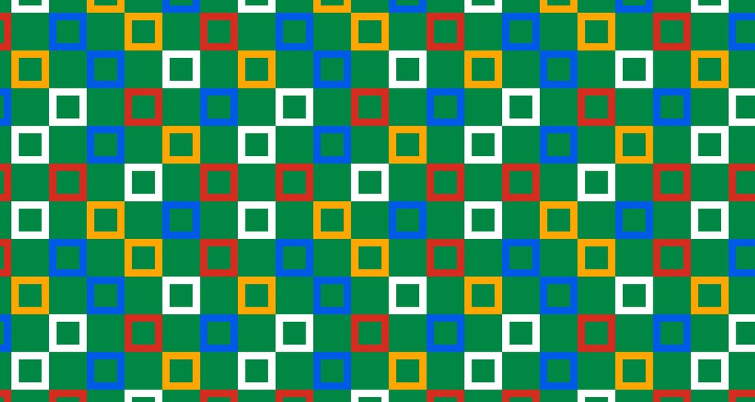 Detailed view of geometric mural wallpaper pattern showing colorful squares arrangement on emerald green background