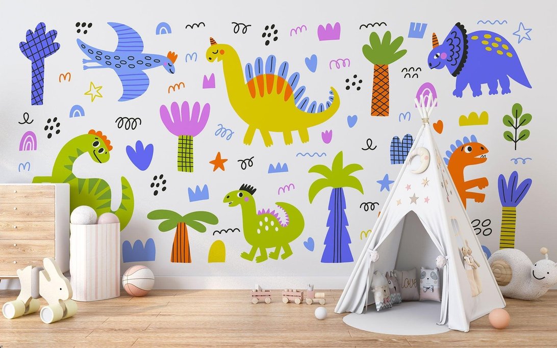 Cheerful dinosaur wall mural with teepee play area and wooden toys