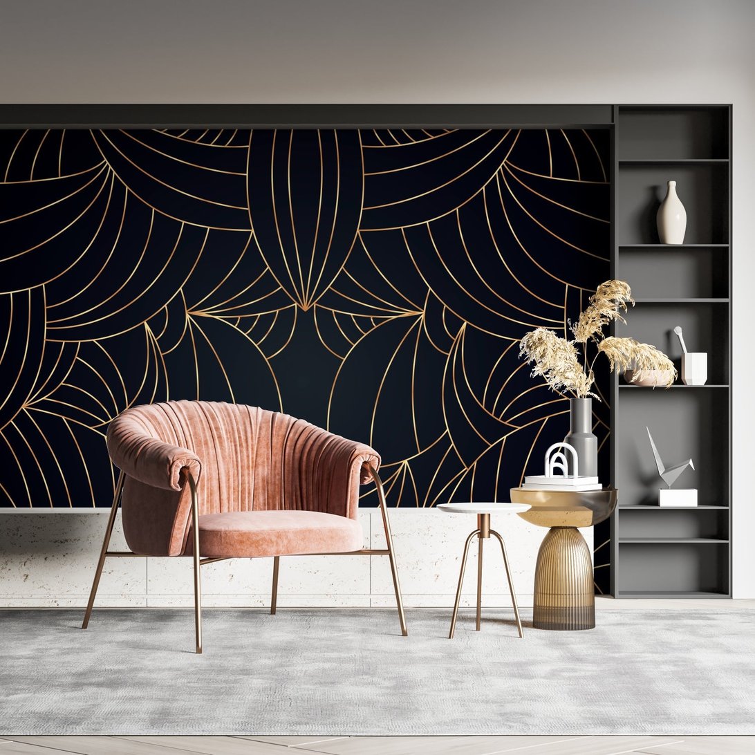 Luxurious black and gold geometric mural wallpaper with pink velvet chair and modern decor
