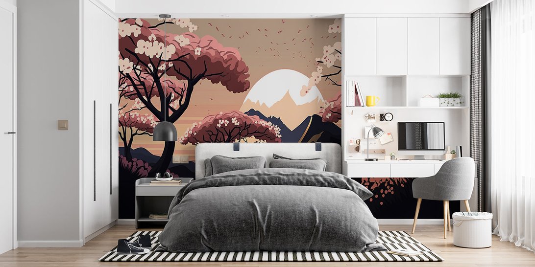 Close-up detail of Japanese cherry blossom wall mural with mountain landscape