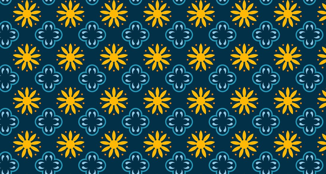 Geometric floral mural wallpaper with repeating pattern of golden suns and navy blue clovers on deep blue background
