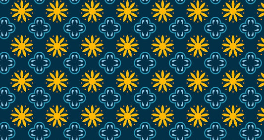 Geometric floral mural wallpaper with repeating pattern of golden suns and navy blue clovers on deep blue background