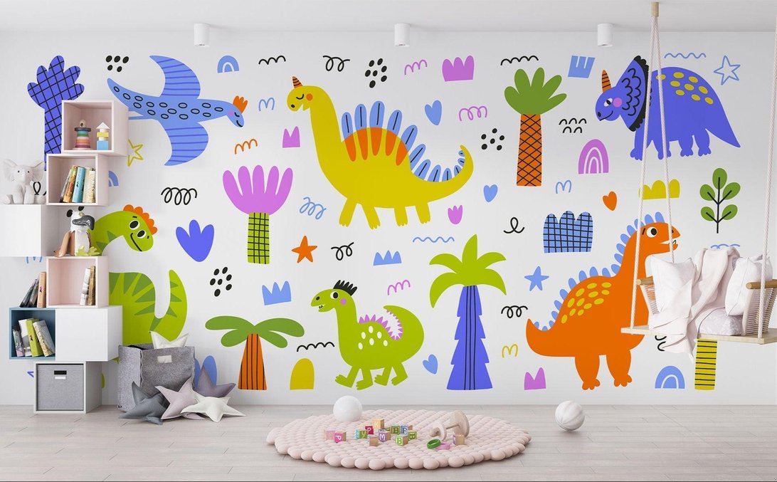 Modern kids room featuring dinosaur mural wallpaper with storage solutions