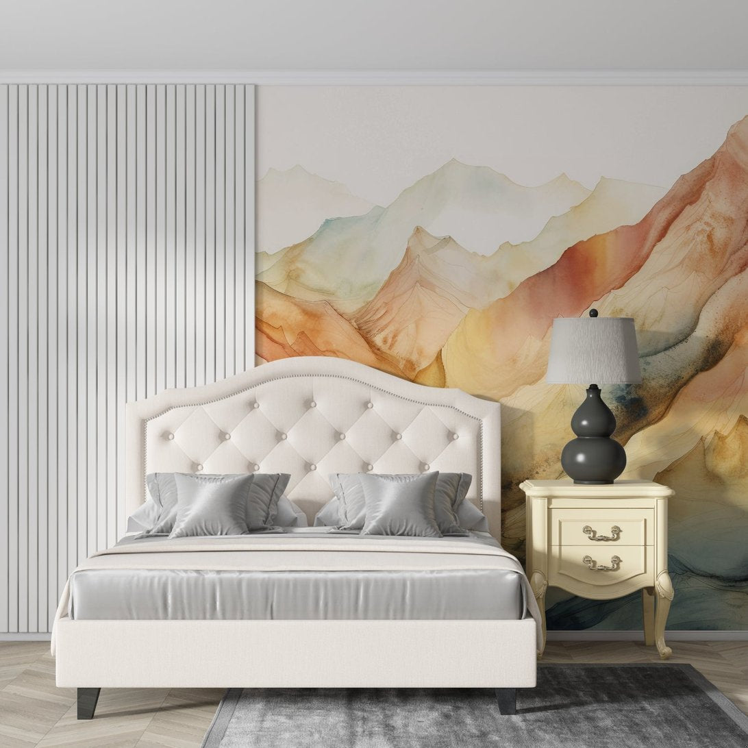 Serene mountain mural wallpaper in elegant bedroom with tufted headboard