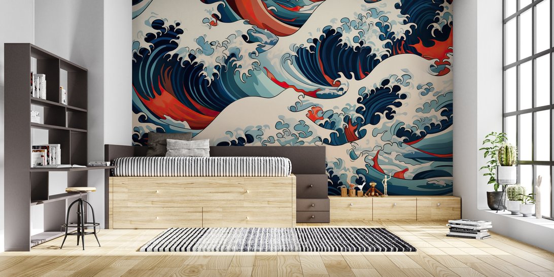 Japanese wave mural wallpaper showcased in a contemporary bedroom with wooden storage bed
