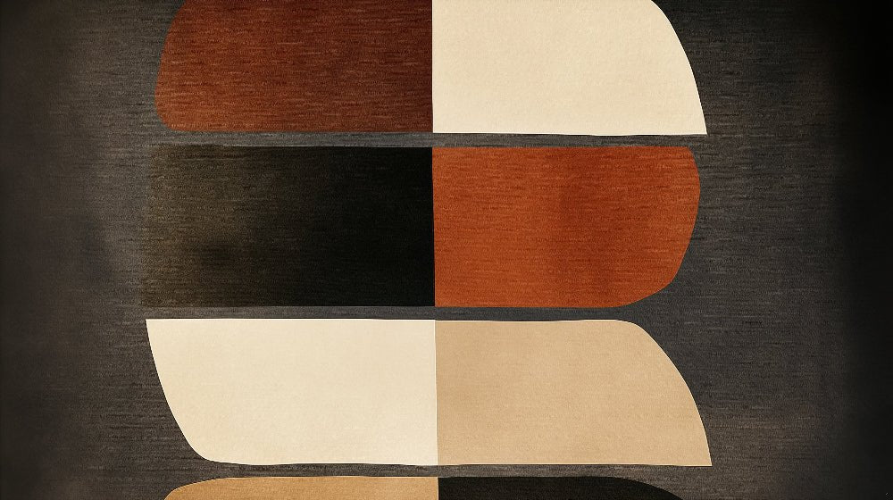 Close-up of geometric mural wallpaper pattern showing terracotta, black, and beige abstract shapes