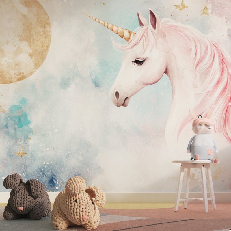 Watercolor unicorn wall mural creating magical atmosphere in child's bedroom
