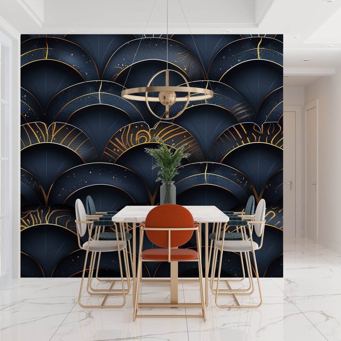 Elegant dining room featuring Art Deco geometric mural wallpaper in navy blue and gold