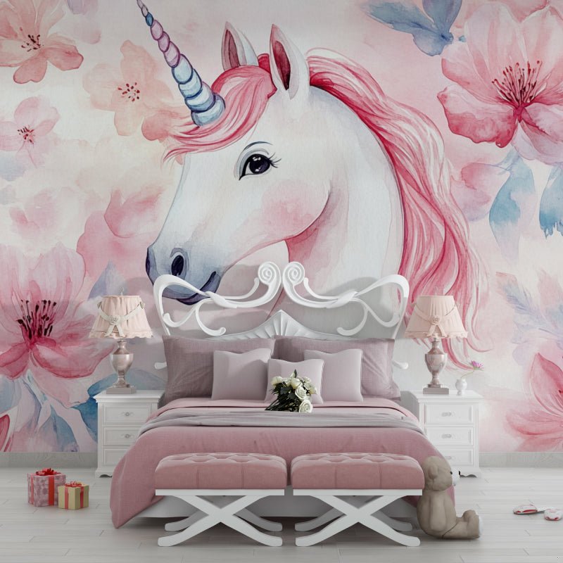 Enchanted unicorn mural wallpaper with pink cherry blossoms in elegant bedroom setting