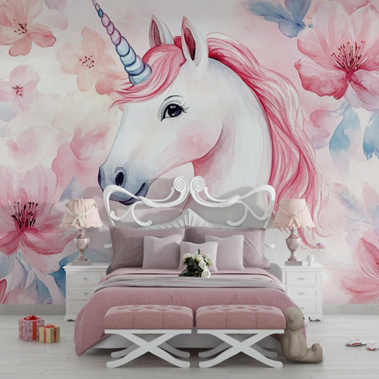 Enchanted unicorn mural wallpaper with pink cherry blossoms in elegant bedroom setting