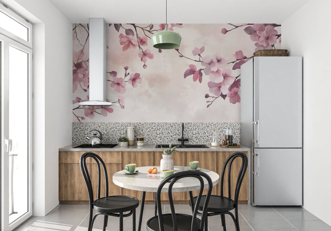 Cherry blossom mural wallpaper in modern kitchen with wooden cabinets and bistro dining set