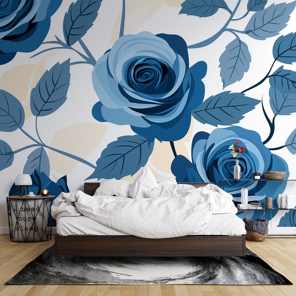 Blue rose mural wallpaper showcased in a modern bedroom setting with large-scale floral design