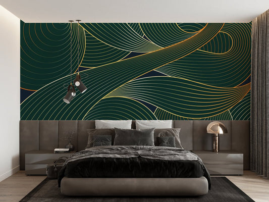 Art Deco emerald and gold wave pattern mural wallpaper in modern bedroom setting