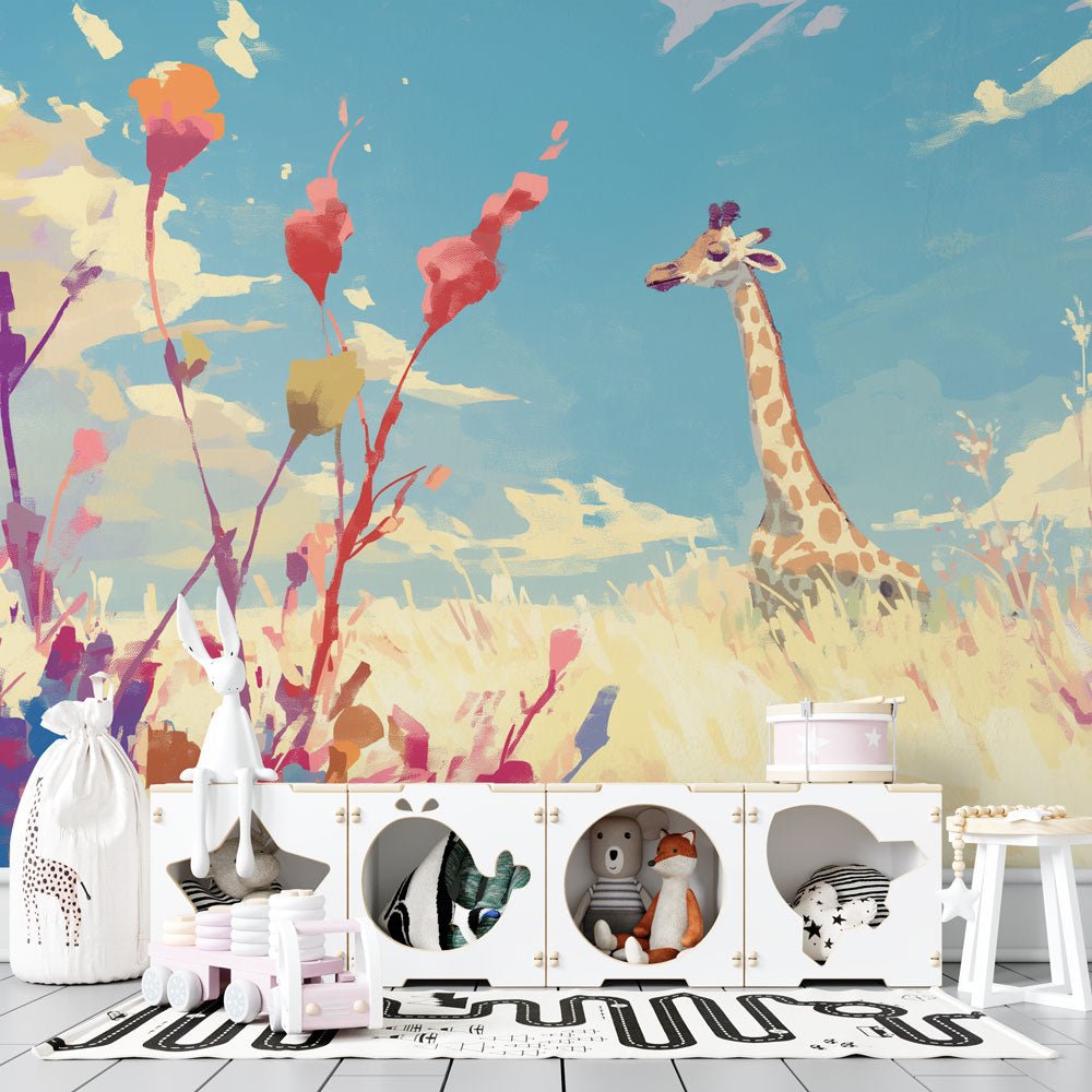 Safari Giraffe Mural Wallpaper with watercolor wildlife and flowers in nursery setting