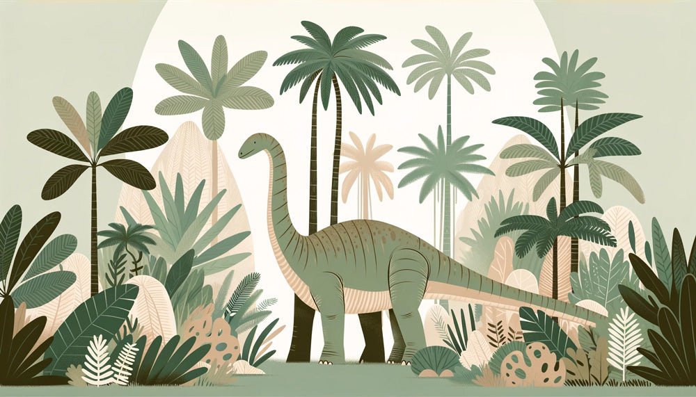 Close-up of dinosaur mural wallpaper design featuring diplodocus among tropical palm trees and prehistoric vegetation