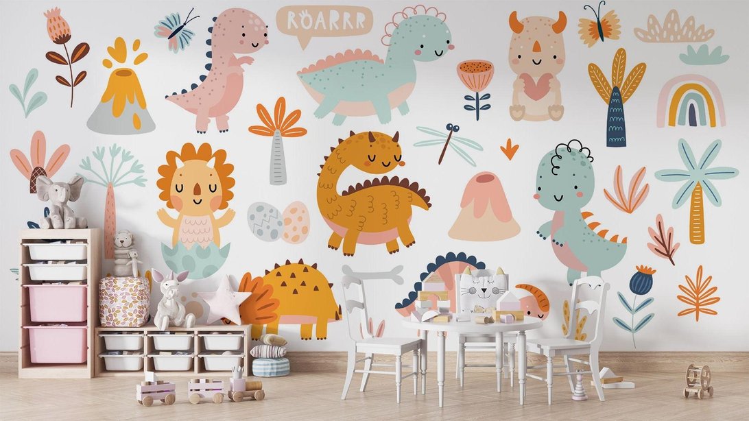 Children's room featuring complete dinosaur themed wall mural with modern furniture