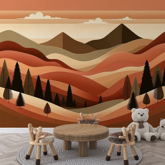 Mountain sunset mural wallpaper in terracotta tones with stylized pine trees and geometric mountains, shown in children's room setting