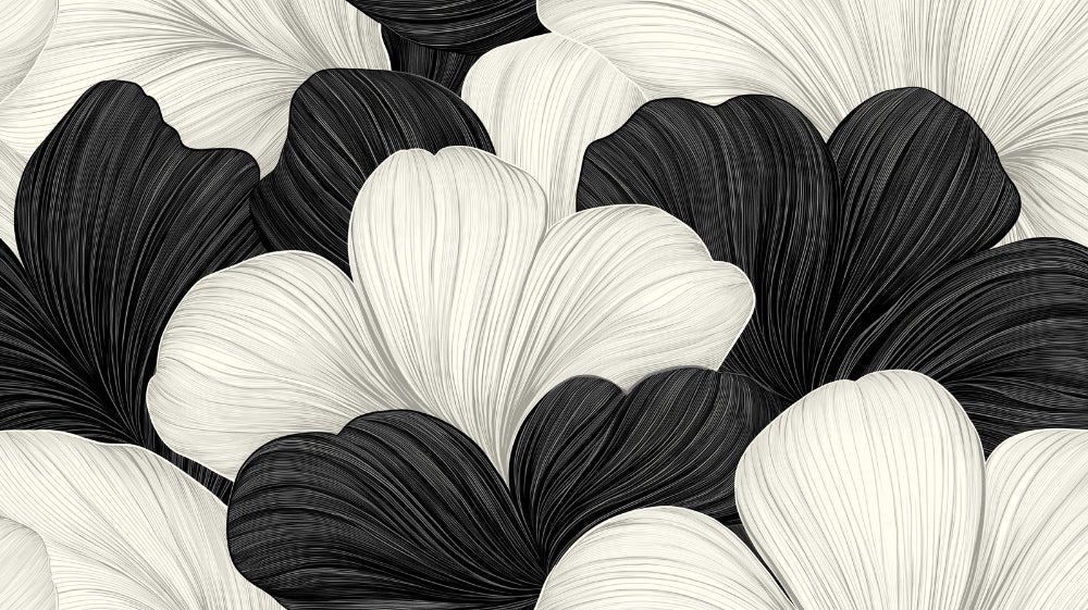 Close-up detail of black and white Ginkgo leaf pattern mural wallpaper showing intricate striations