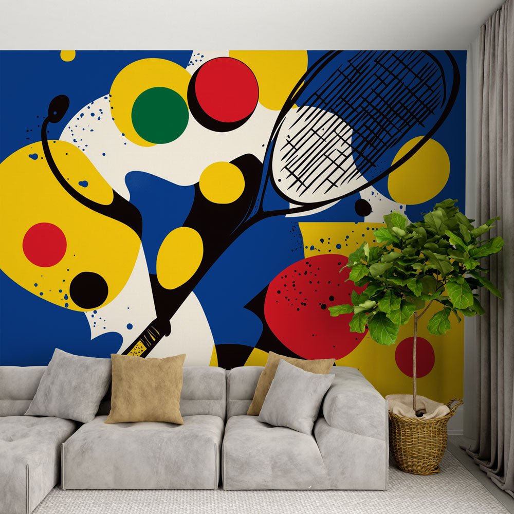 Modern tennis abstract mural wallpaper featuring colorful geometric design and stylized racket in contemporary living room setting