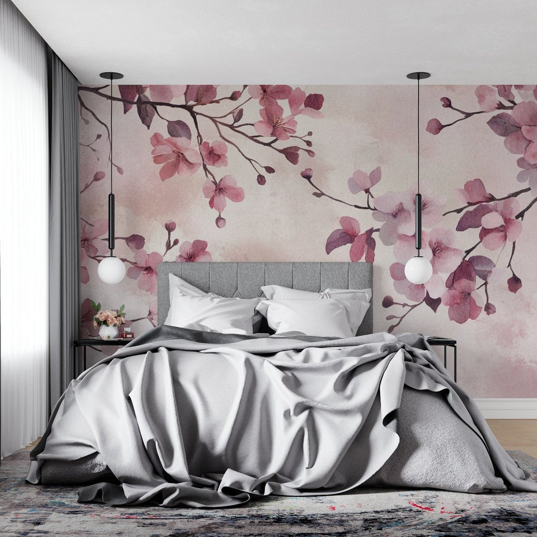 Cherry blossom mural wallpaper in elegant bedroom with gray bedding and pendant lights
