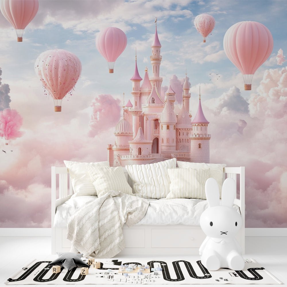 Princess castle mural wallpaper in a white nursery with minimal decor and play area