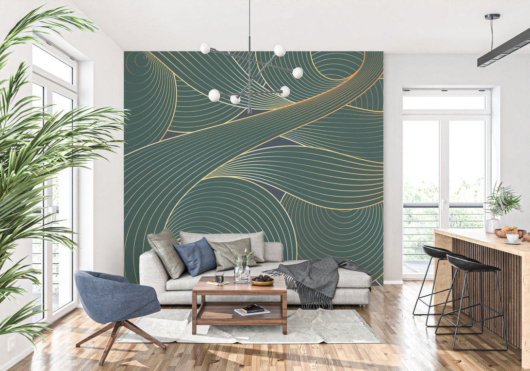 Emerald and gold geometric wave mural wallpaper in contemporary living space