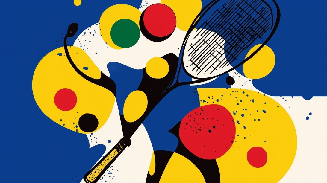 Close-up of tennis-themed abstract mural wallpaper with vibrant yellow, red, blue, and green geometric patterns
