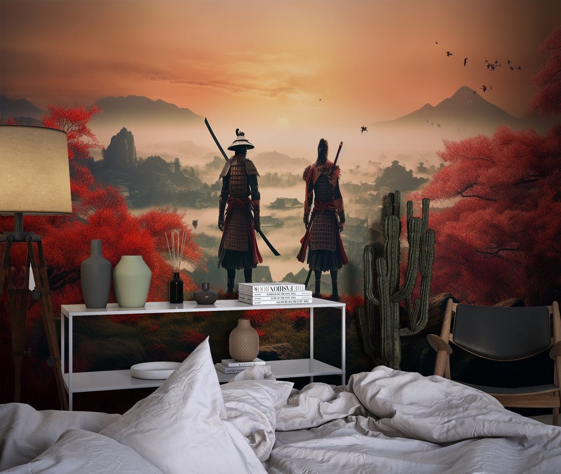 Samurai and maple forest wall mural in contemporary bedroom setting