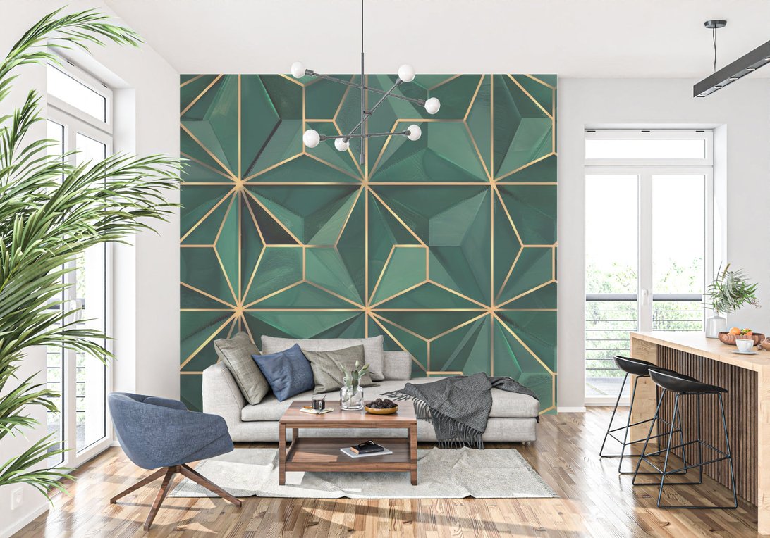 Modern living room featuring emerald green and gold geometric mural wallpaper with contemporary furniture