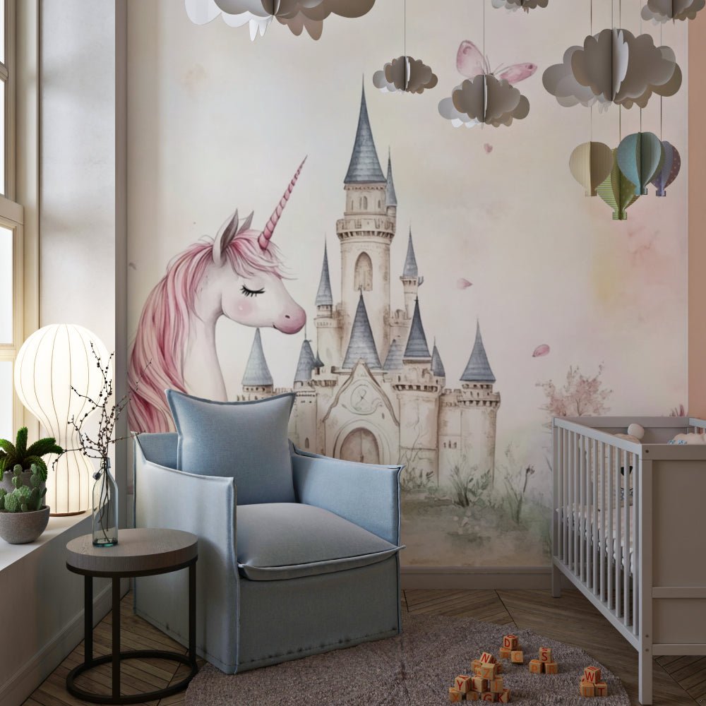 Unicorn castle mural wallpaper installed in modern nursery with cloud decorations