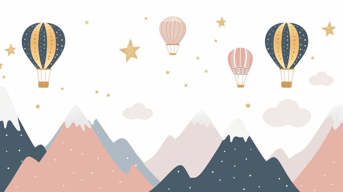 Close-up of mountain landscape mural wallpaper design with floating hot air balloons and golden stars