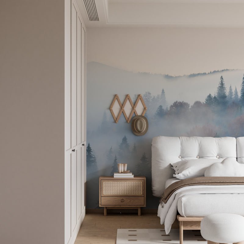 Close-up view of mountain forest mural wallpaper with morning mist effect in contemporary bedroom