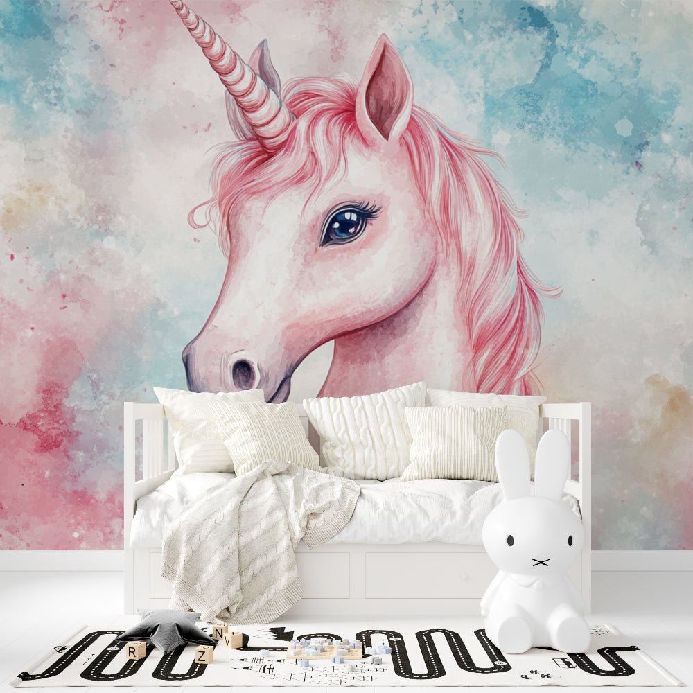 Detailed view of unicorn mural wallpaper's watercolor effects