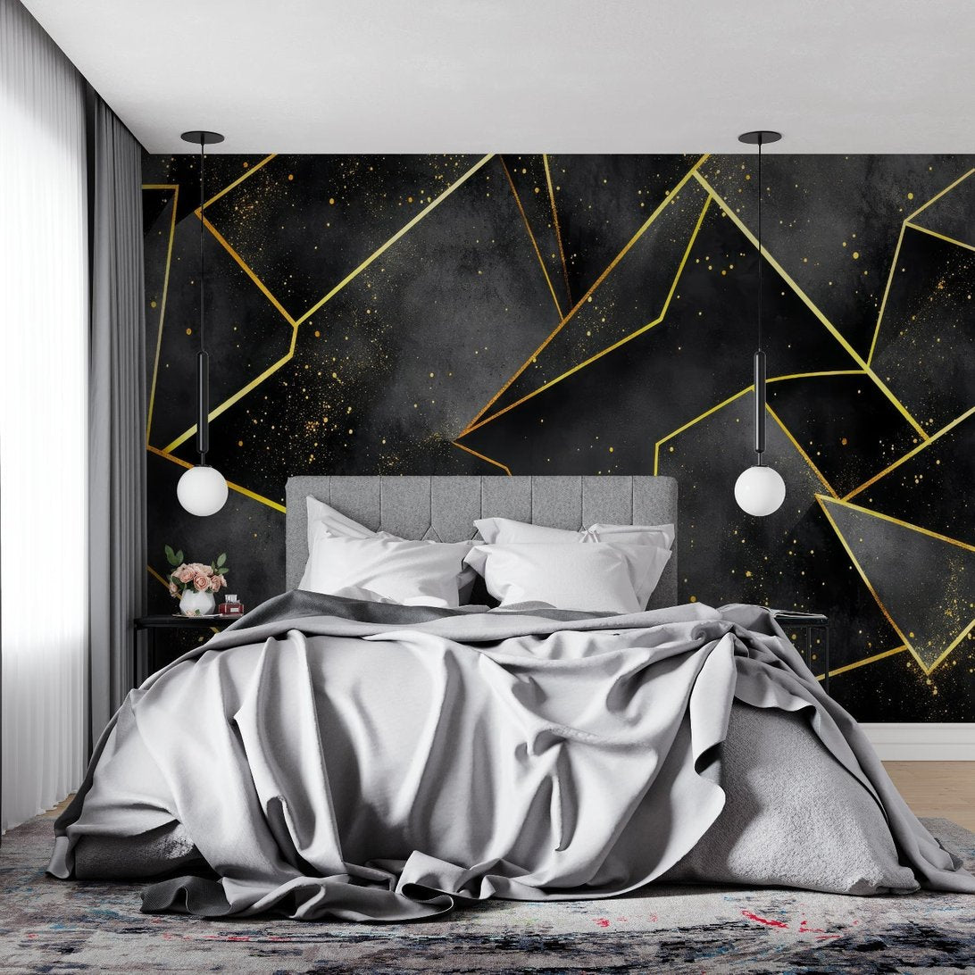 Luxurious geometric mural wallpaper creating dramatic backdrop in elegant bedroom
