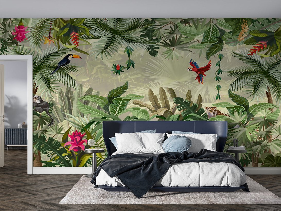 Luxuriant jungle mural wallpaper with exotic birds in contemporary bedroom