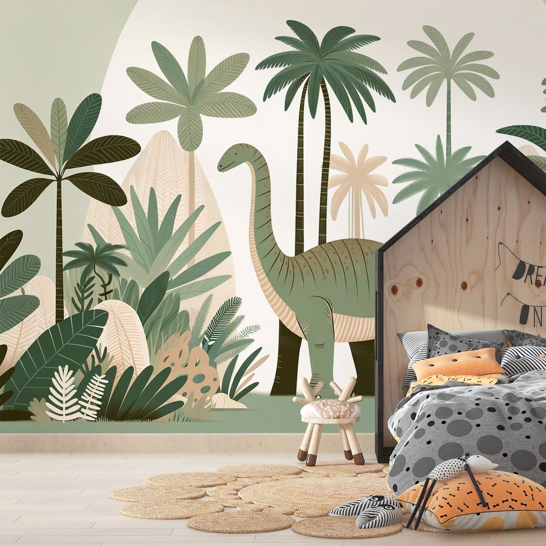 Dinosaur mural wallpaper with diplodocus in sage green prehistoric jungle scene, shown in children's bedroom setting