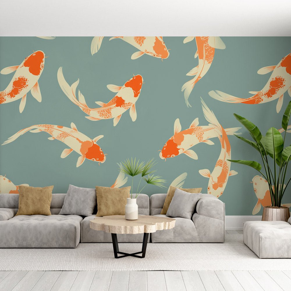 Japanese Koi fish mural wallpaper in orange and cream on sage green background, shown in modern living room setting