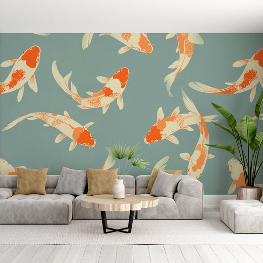 Japanese Koi fish mural wallpaper in orange and cream on sage green background, shown in modern living room setting