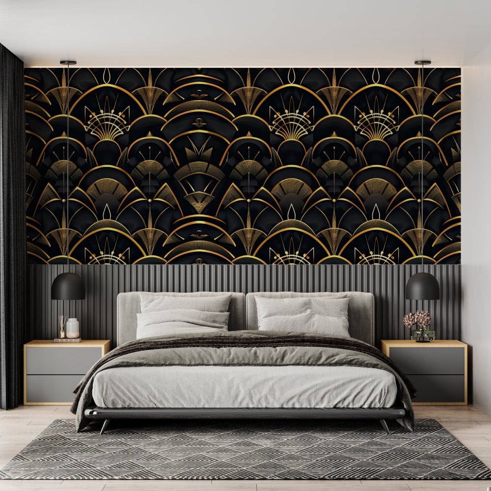 Art Deco black and gold geometric mural wallpaper in modern bedroom setting