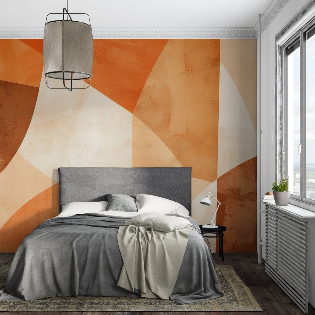 Abstract terracotta and beige mural wallpaper showcased in minimalist bedroom interior
