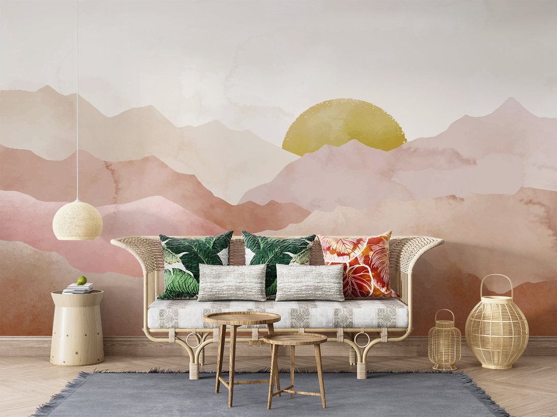 Mountain sunset wallpaper mural showcasing watercolor effects and golden sun
