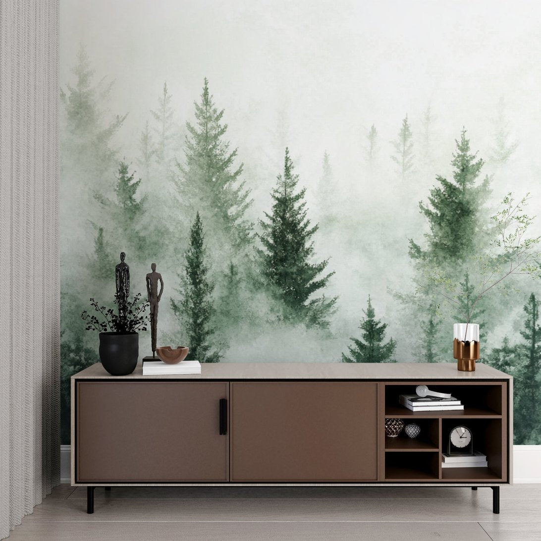 Room setting showcasing Misty Pine Forest mural wallpaper in natural lighting