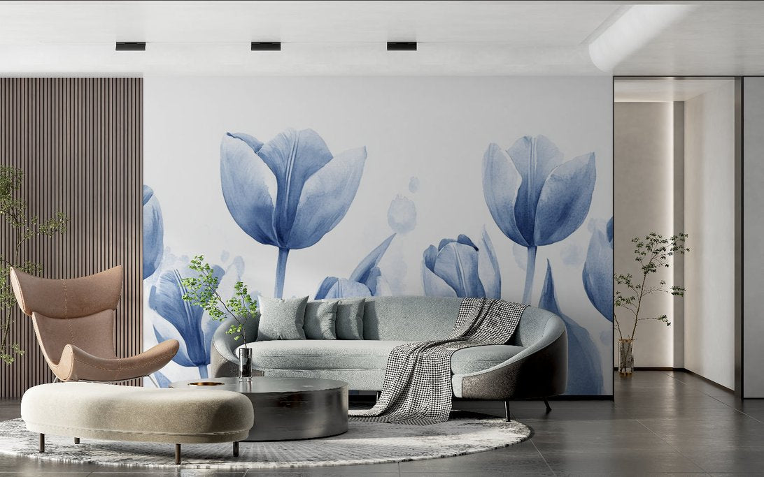 Azure tulip mural wallpaper in contemporary living space with curved sofa