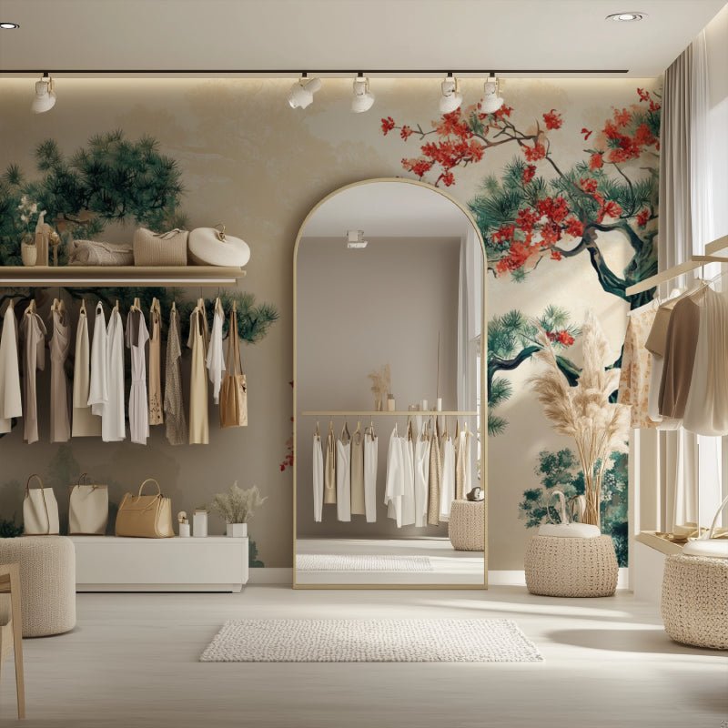 Japanese mural wallpaper installation in contemporary home setting