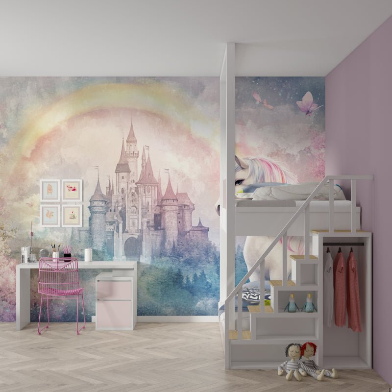 Fantasy castle mural wallpaper installation in children's bedroom