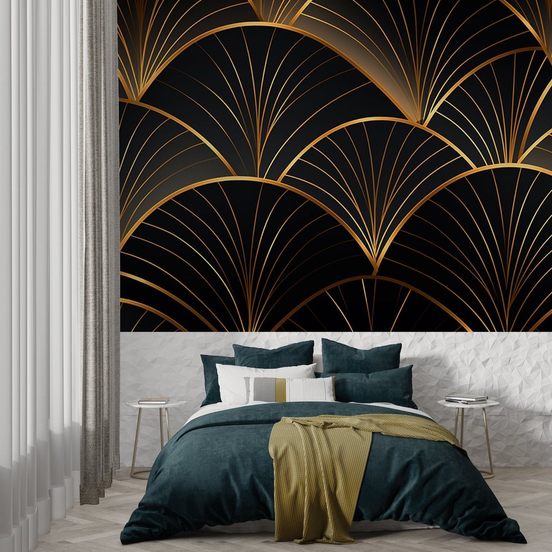 Close-up of Art Deco fan pattern mural wallpaper with black and gold geometric design