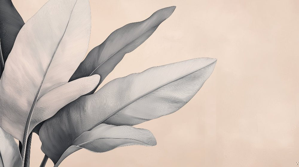Close-up detail of botanical leaf pattern mural wallpaper in gray and beige tones