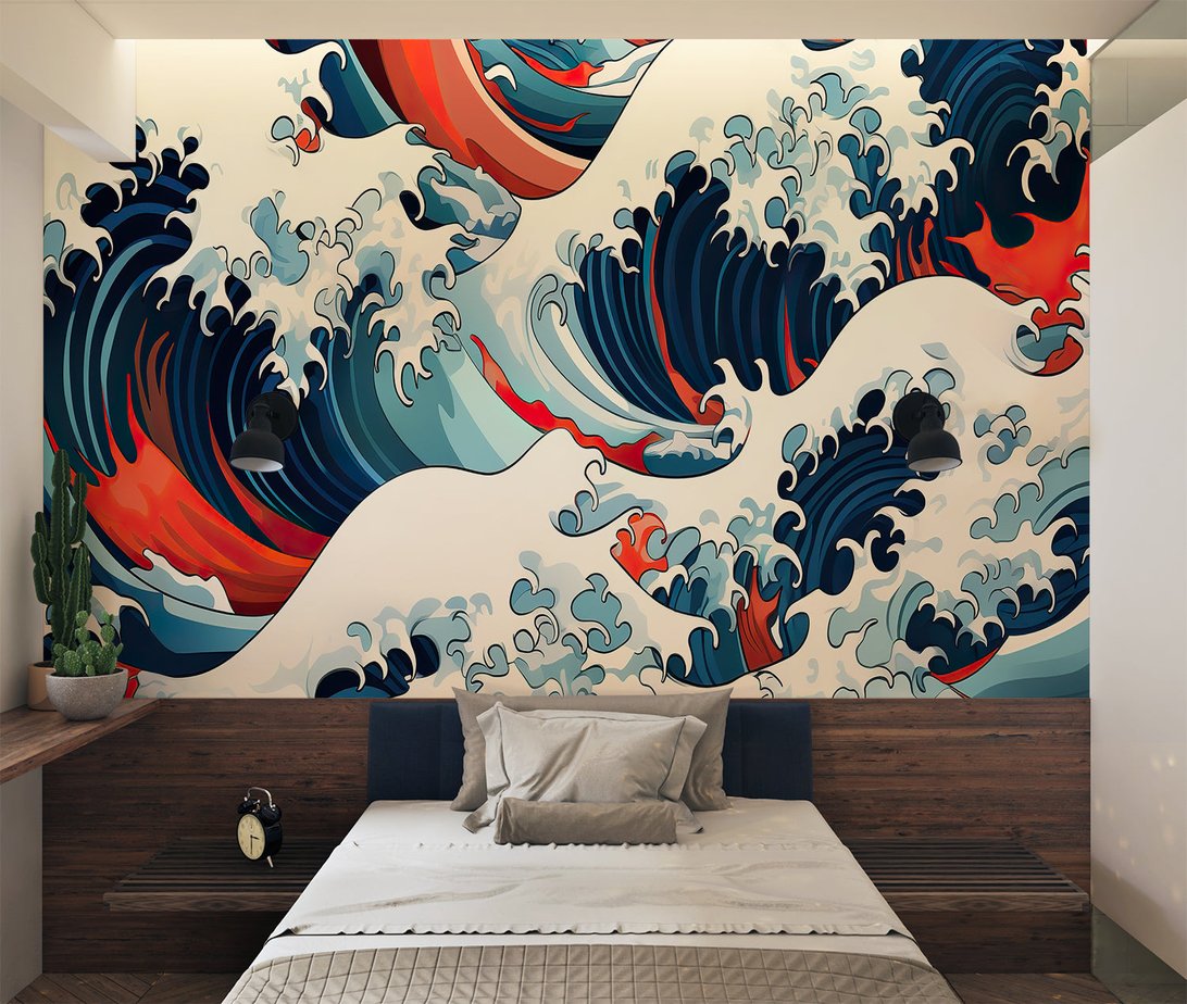 Japanese wave mural wallpaper detail showing intricate wave patterns in navy and red